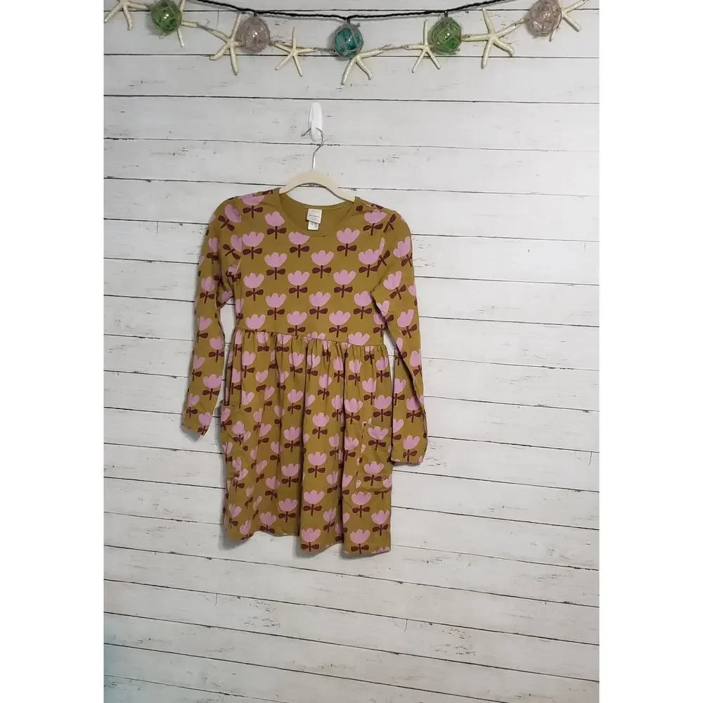 hanna andersson dress 12 Olive Brown With Pink Flowers Long Sleeves